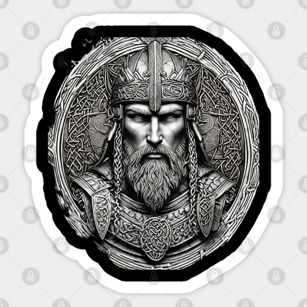 Noble Viking King Warrior with Ornate Celtic Knot Armor in black and grey Sticker by DesignsbyZazz